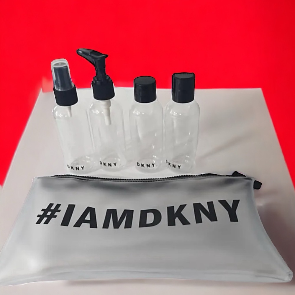 DKNY Silver Travel Toiletry Bag with Clear Bottles